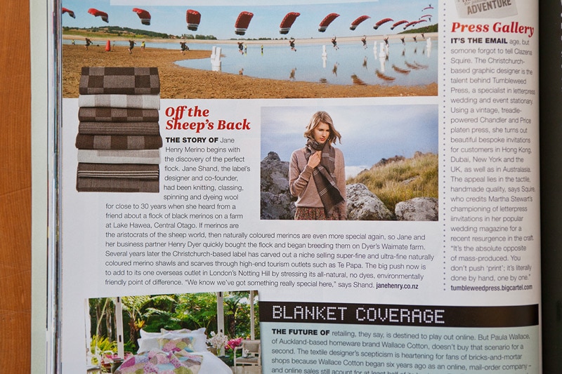 Image Workshop photos for Jane Henry Merino, featured in Air New Zealand's 'Kia Ora' inflight magazine